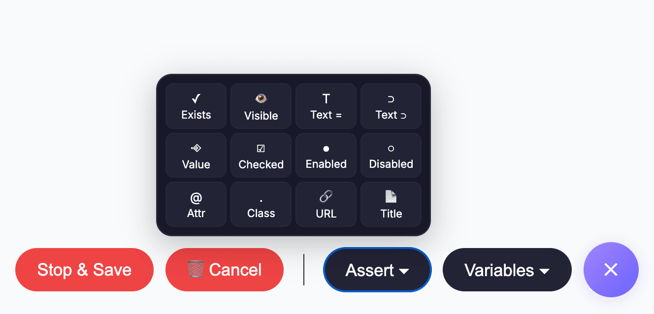Assertions section view with recorded browser actions used to validate test behavior.