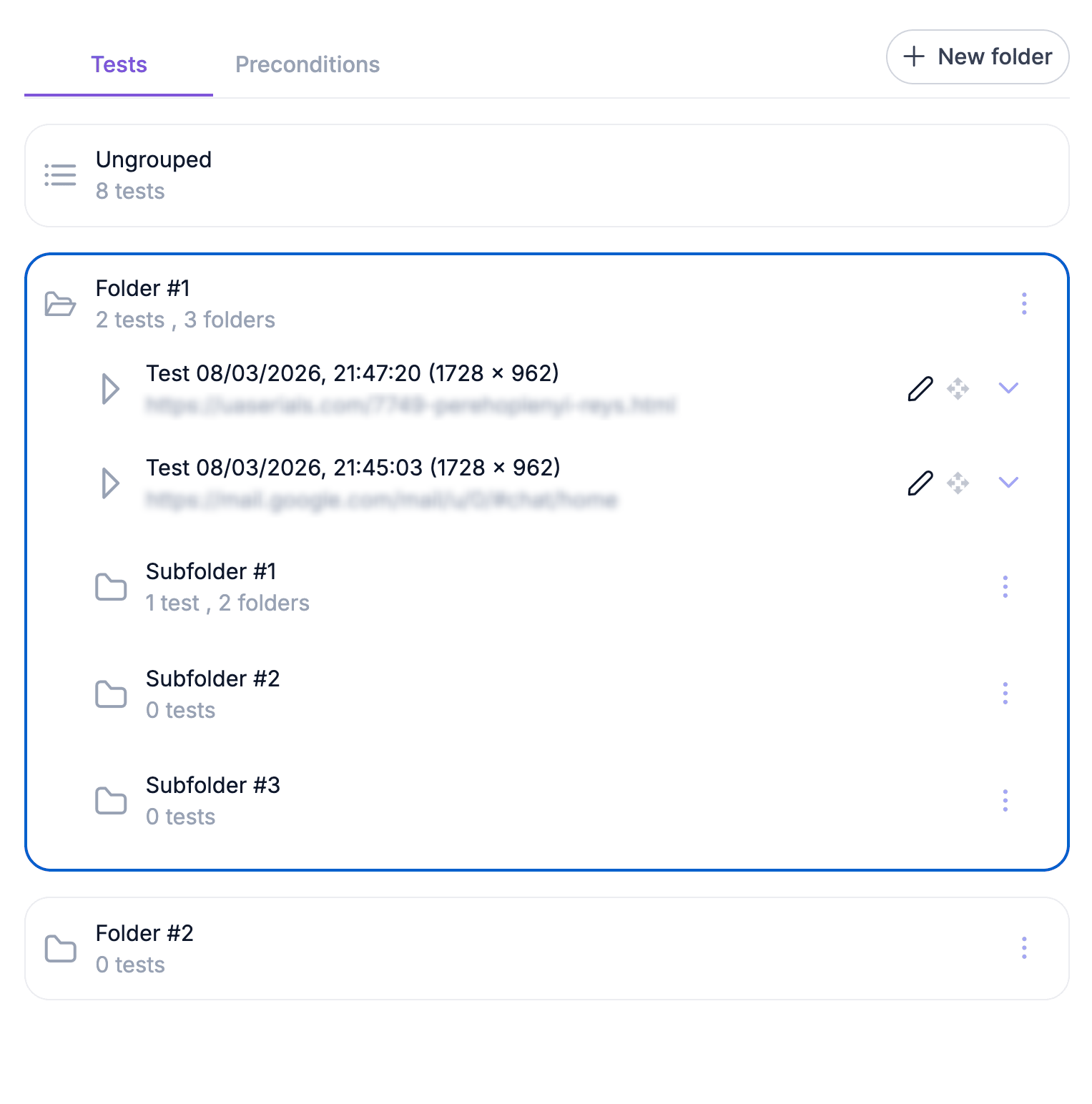 Library of test recordings organized into folders in the extension sidebar.