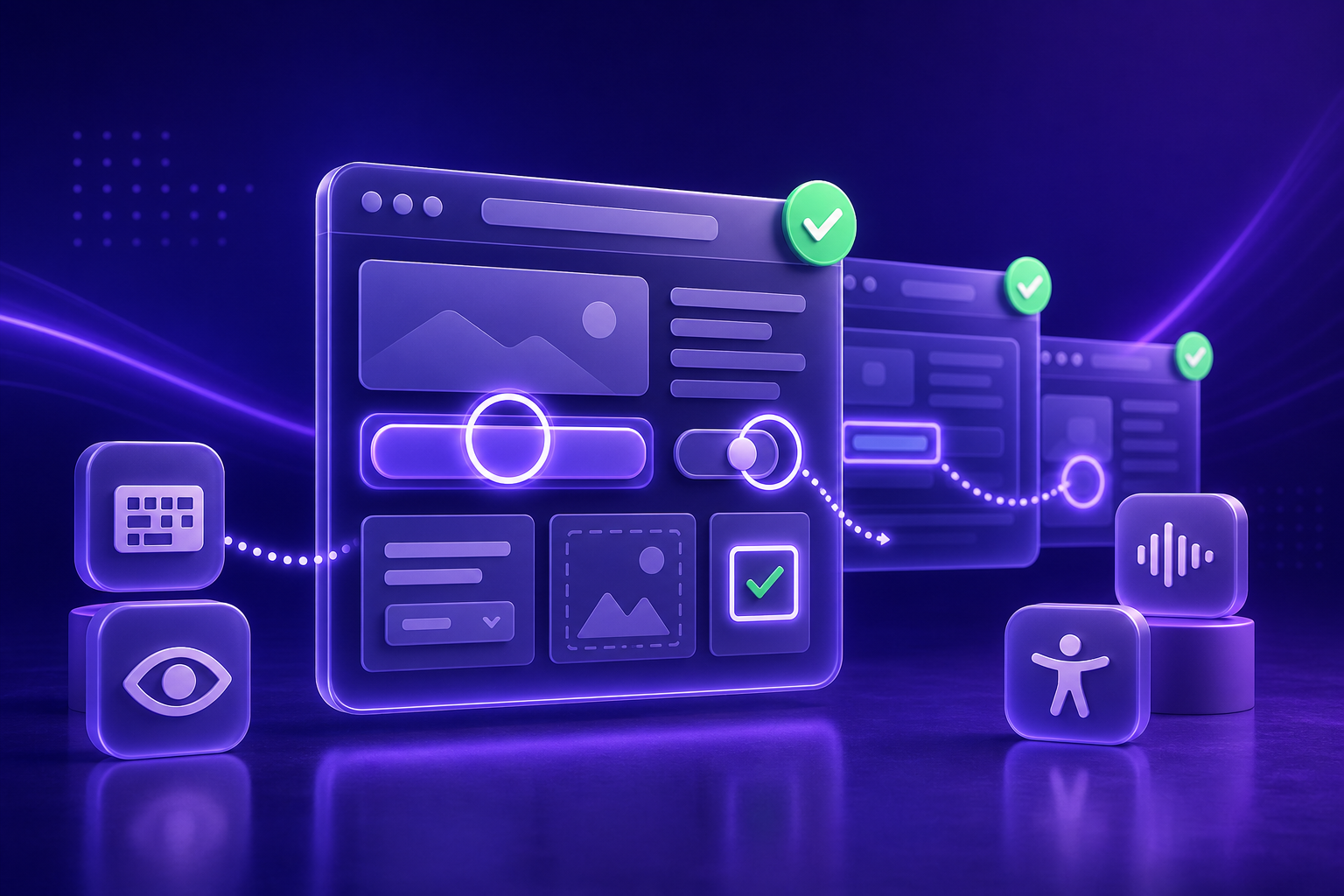 3D browser interfaces with focus rings and accessibility check icons