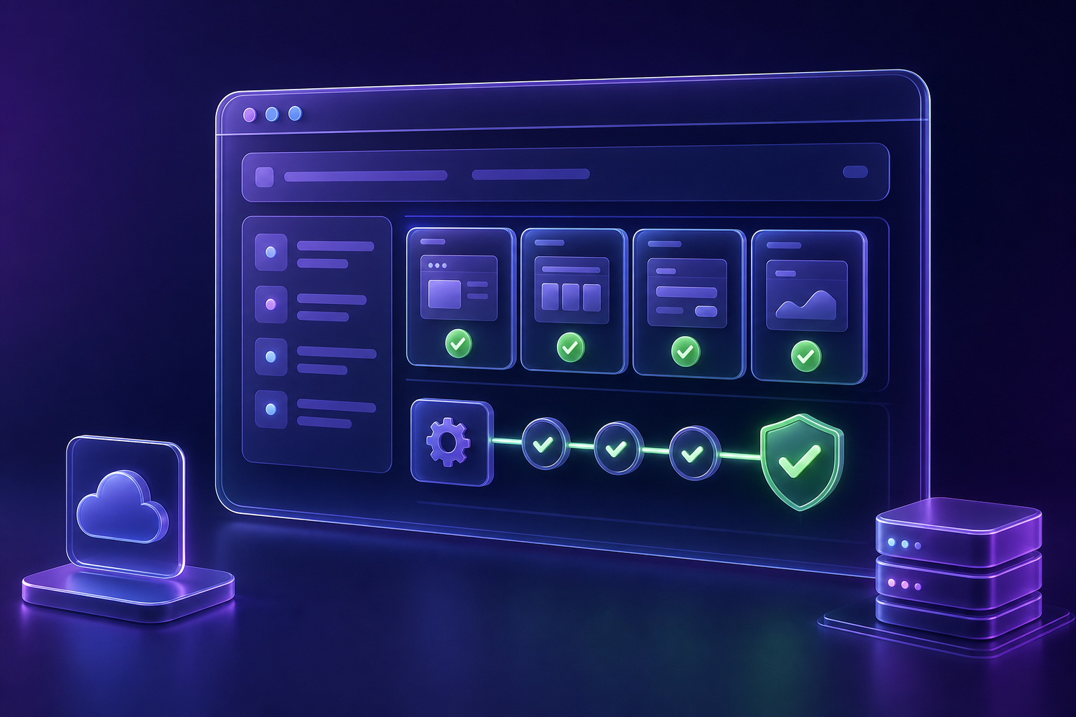 3D browser testing dashboard with green smoke test success checks before a release gate