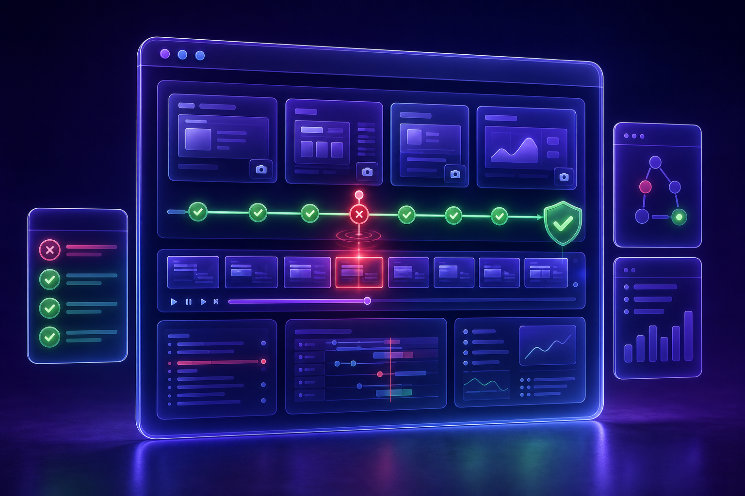 3D browser testing dashboard with failed run evidence, timeline panels, screenshots, video frames, and green resolved checks