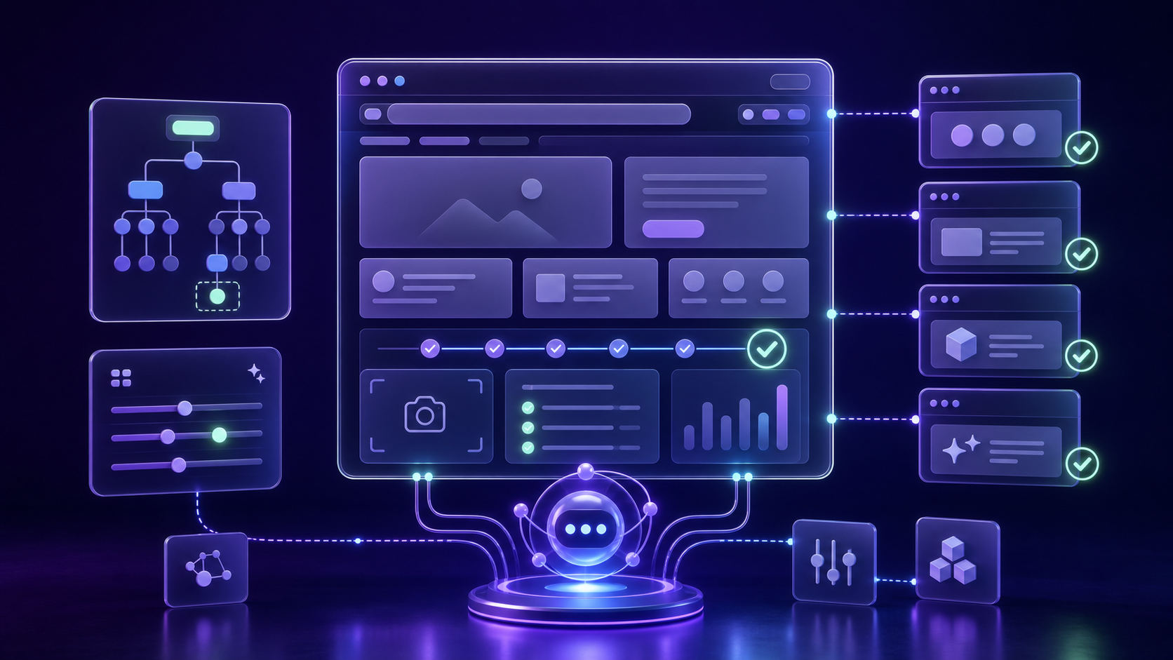 3D glass browser testing dashboard connected to AI agent tools and passing browser sessions