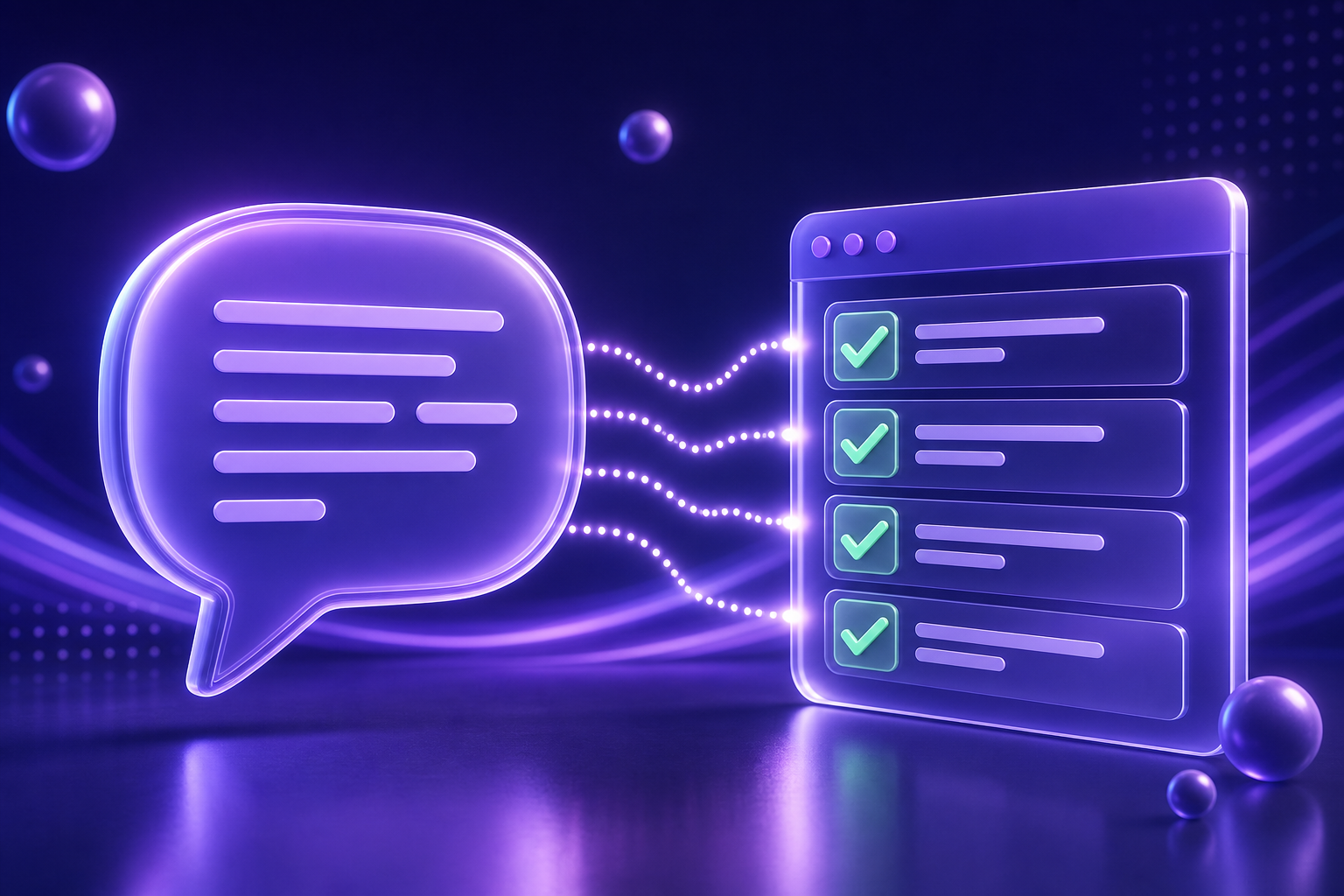 3D illustration of a speech bubble turning plain-English prompts into an automated browser test checklist