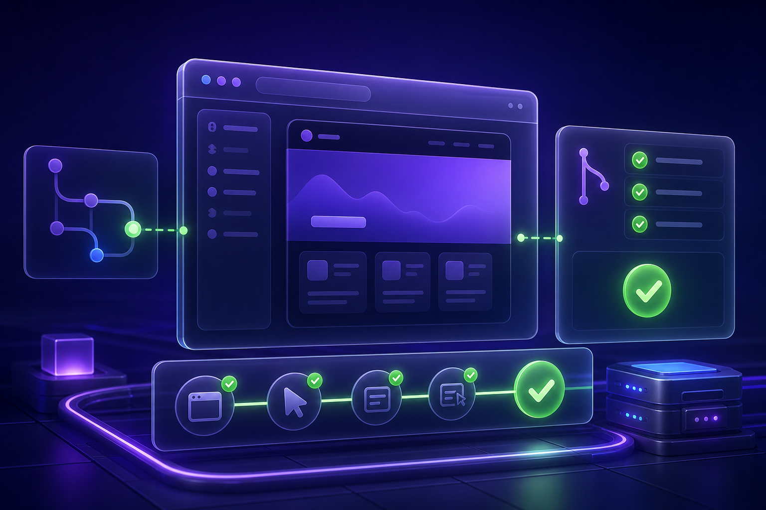 3D illustration of deploy preview browser checks flowing into green end-to-end test success indicators