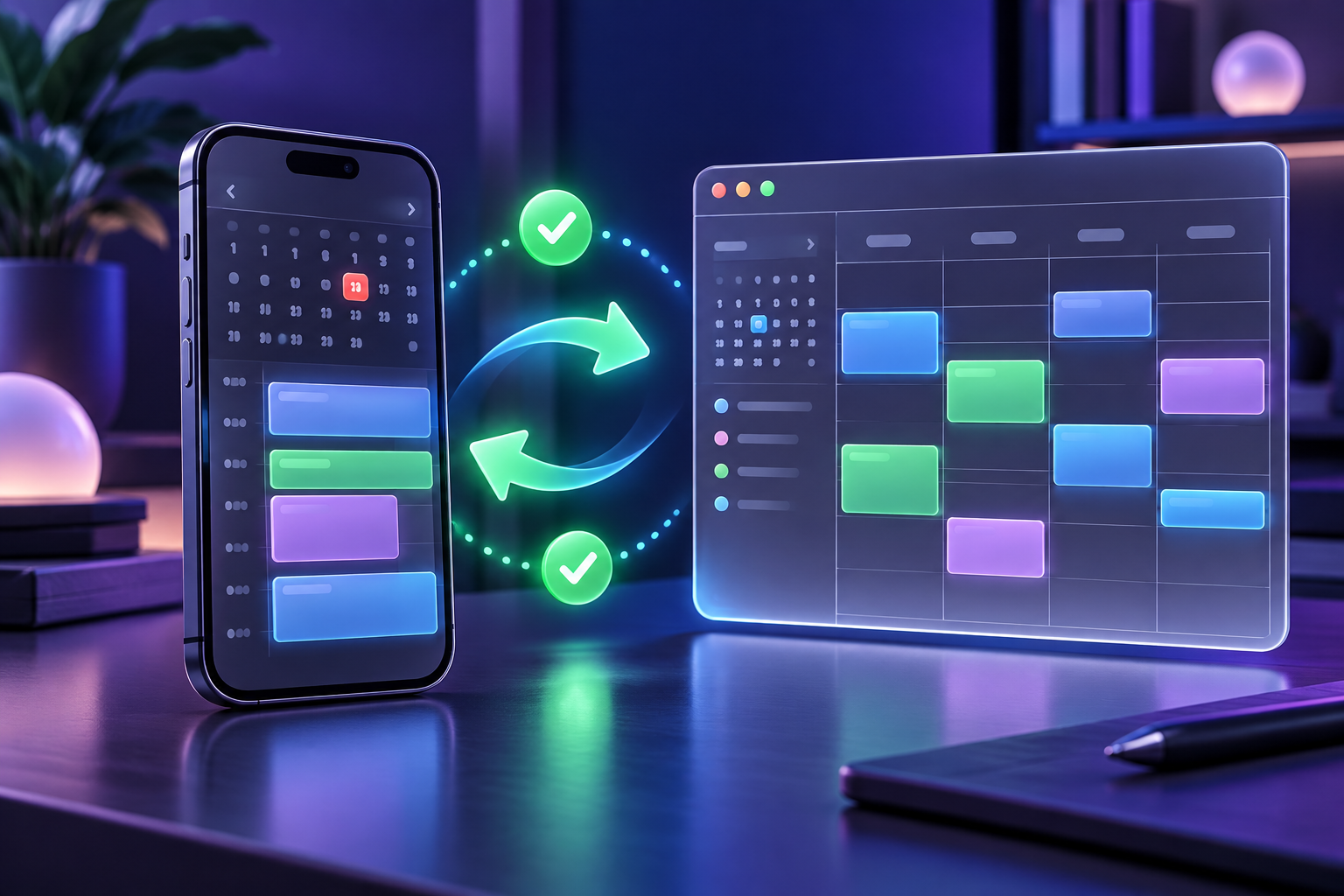 3D calendar sync dashboard showing Google Calendar and Apple Calendar events moving between a phone and browser window