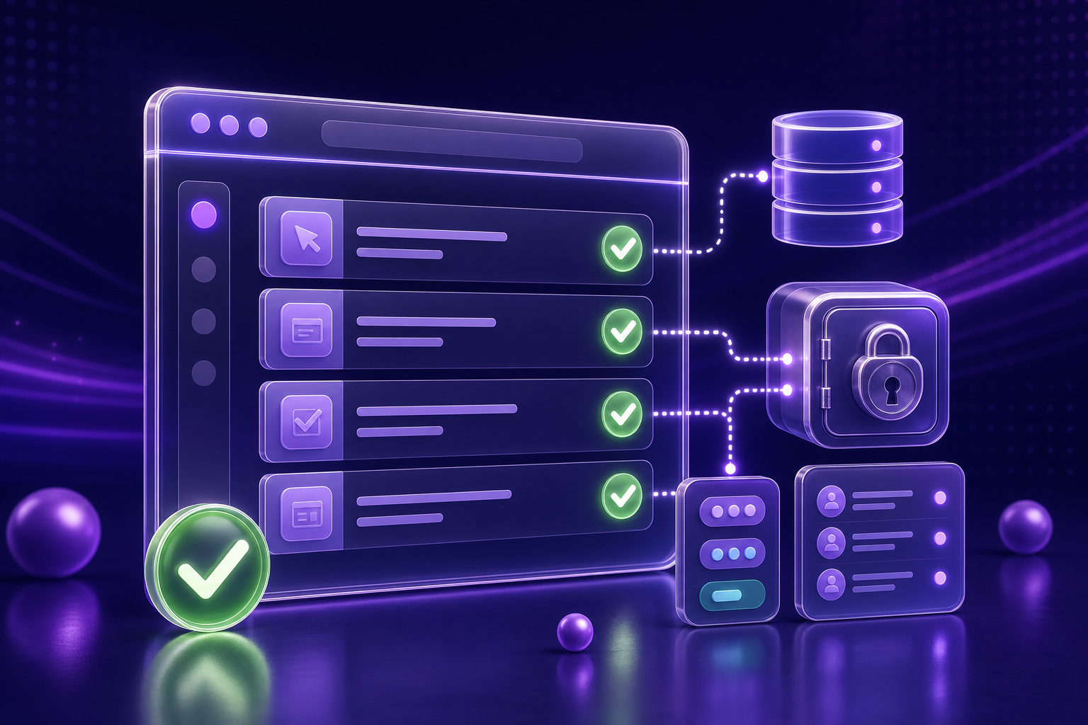 3D browser test checklist connected to a secure data vault and database elements