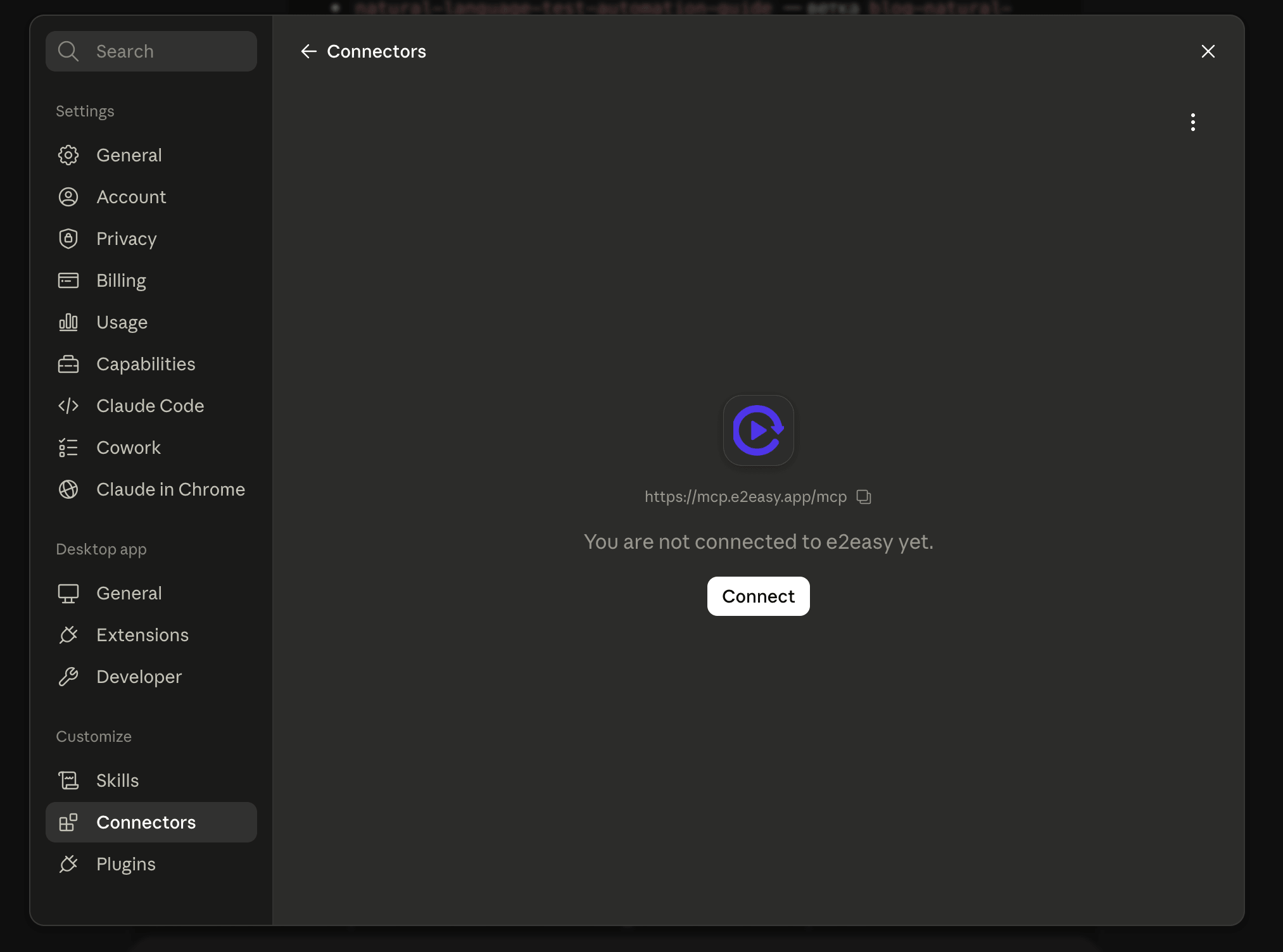 Cursor connector screen with the E2Easy endpoint and Connect button