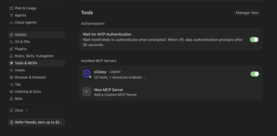 Cursor Tools and MCPs settings showing E2Easy as a connected server