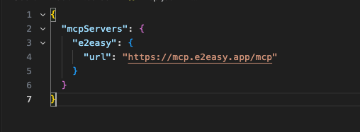 Cursor MCP configuration containing the E2Easy remote endpoint